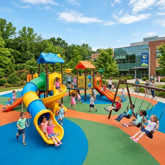 Children playing on premium school playground equipment
