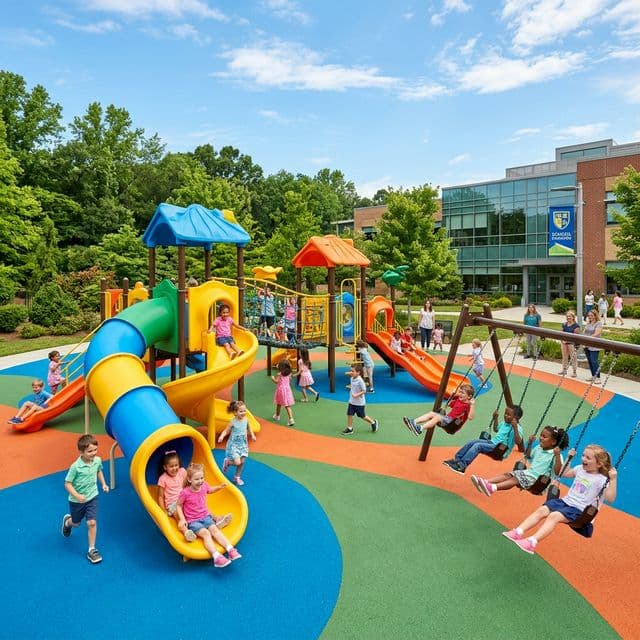 Children playing on premium school playground equipment